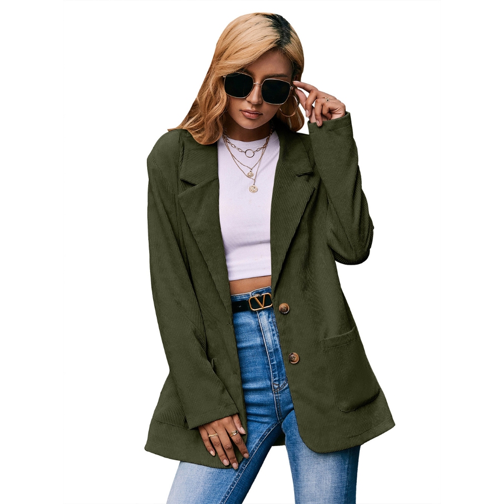 Women's Corduroy Button Down Retro Blazer Solid Color Loose Fit Lapel Trench Coat with Pocket Winter Warm Mid Long Jackets Comfy Soft Casual Daily Office Work Trendy Outfit