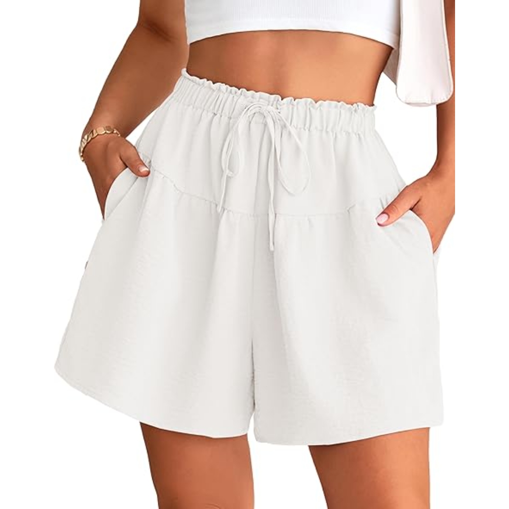 Women's Summer Ruffle Elastic High Waisted Shorts Lightweight Drawstring Solid Color Shorts with Pockets Casual Loose Fit A-line Shorts Work Daily Beach Vacation Outfit