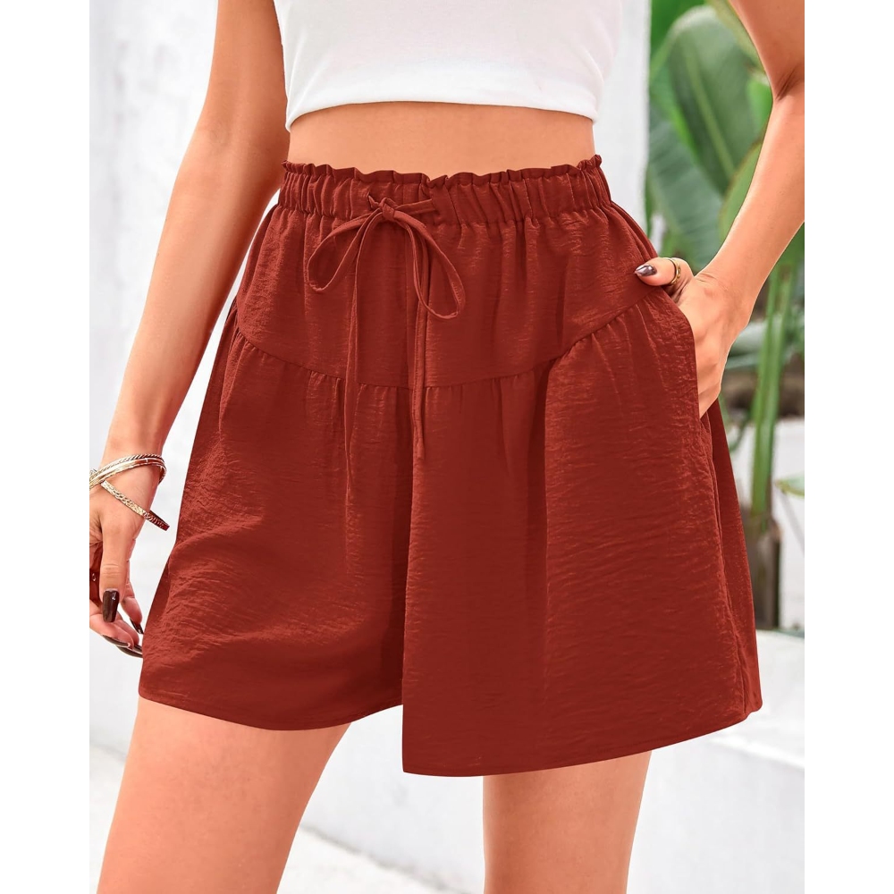 Women's Summer Ruffle Elastic High Waisted Shorts Lightweight Drawstring Solid Color Shorts with Pockets Casual Loose Fit A-line Shorts Work Daily Beach Vacation Outfit