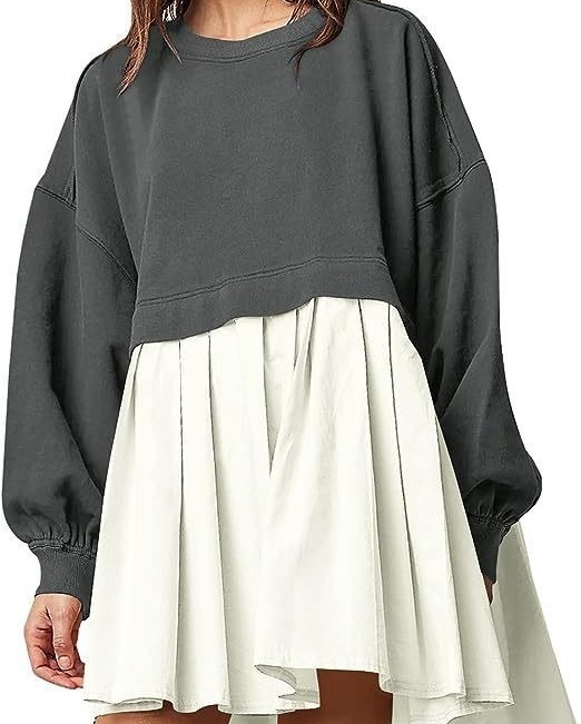 Women's New Arrival Solid Color Long-Sleeve Patchwork Hoodie Dress Loose Pleated Design