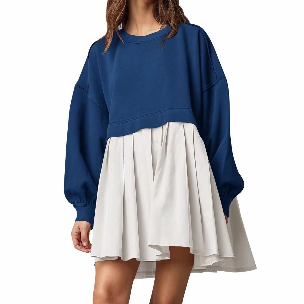 Women's New Arrival Solid Color Long-Sleeve Patchwork Hoodie Dress Loose Pleated Design