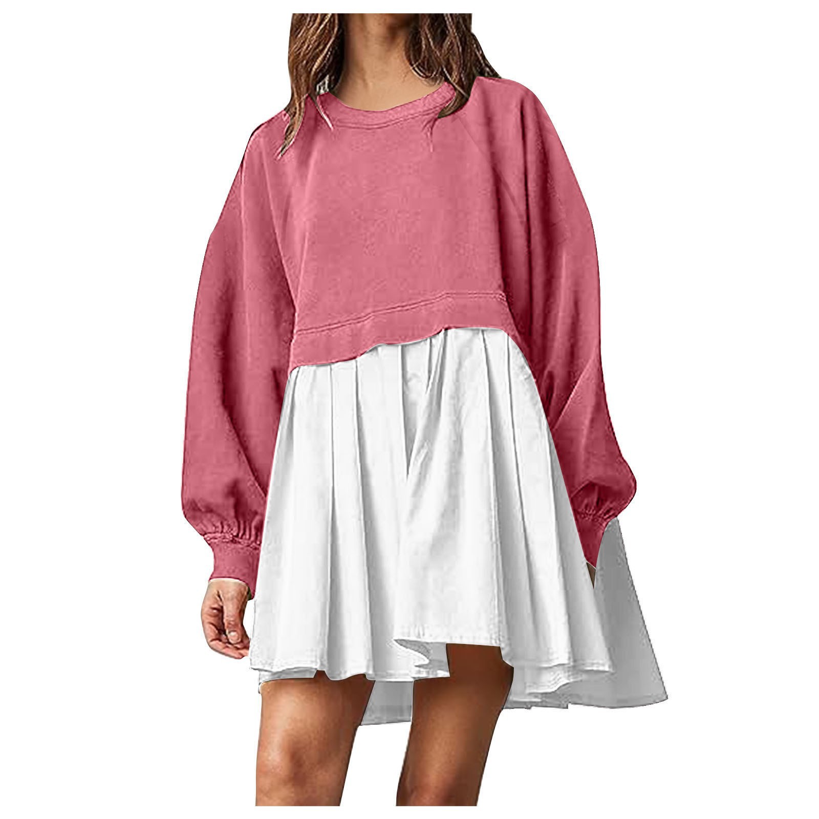 Women's New Arrival Solid Color Long-Sleeve Patchwork Hoodie Dress Loose Pleated Design