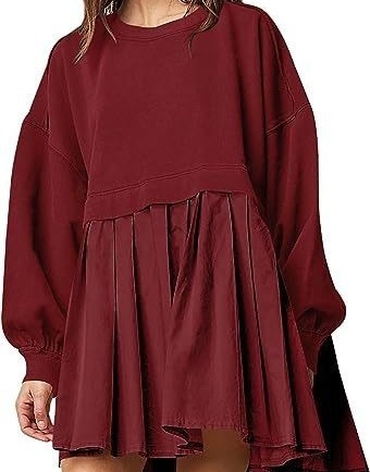 Women's New Arrival Solid Color Long-Sleeve Patchwork Hoodie Dress Loose Pleated Design