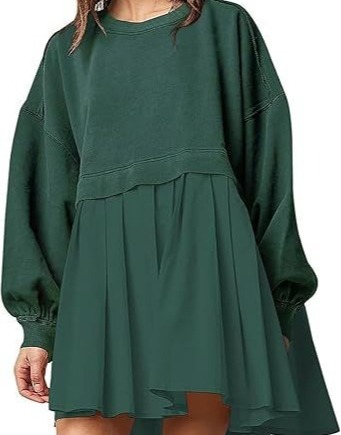 Women's New Arrival Solid Color Long-Sleeve Patchwork Hoodie Dress Loose Pleated Design