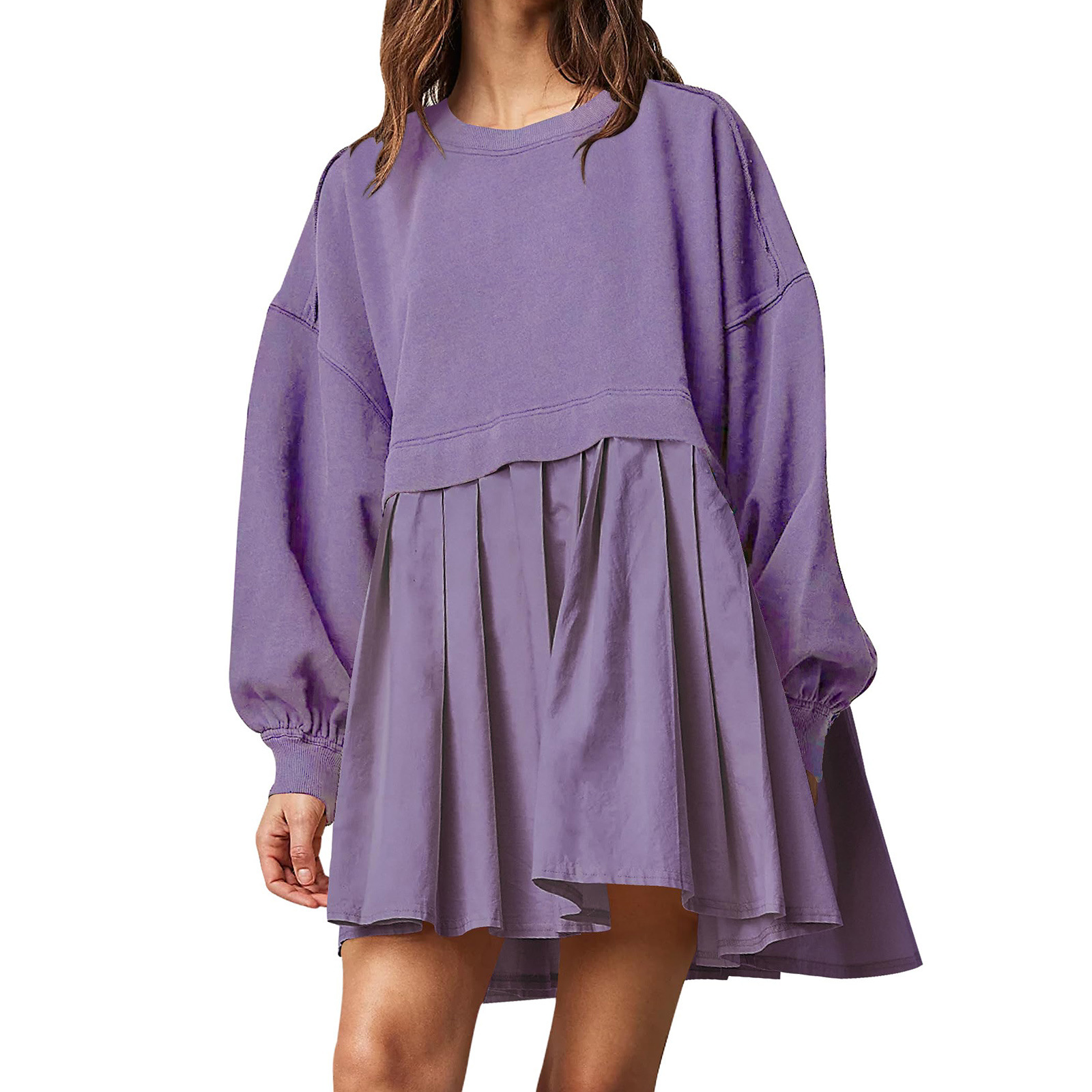 Women's New Arrival Solid Color Long-Sleeve Patchwork Hoodie Dress Loose Pleated Design