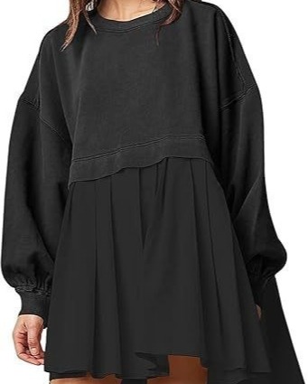 Women's New Arrival Solid Color Long-Sleeve Patchwork Hoodie Dress Loose Pleated Design