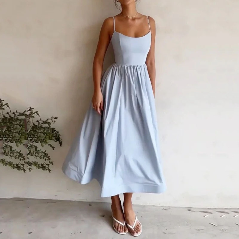Women's Summer Scoop Neck Bodycon Midi Dress Spaghetti Strap Sleeveless Pleated Dress Swing Hem A-Line Solid Color Smocked Tiered Long Sundress Party Cocktail Going Out Maxi Dress 