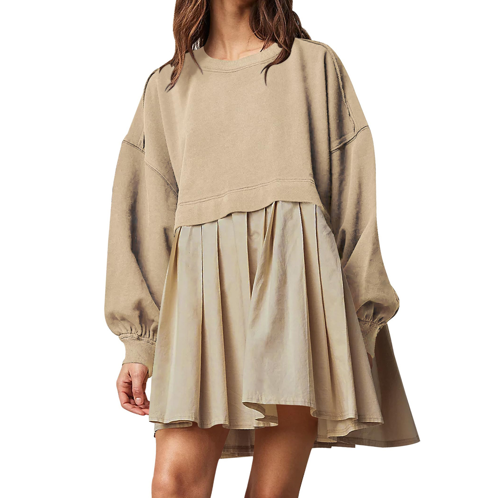 Women's New Arrival Solid Color Long-Sleeve Patchwork Hoodie Dress Loose Pleated Design