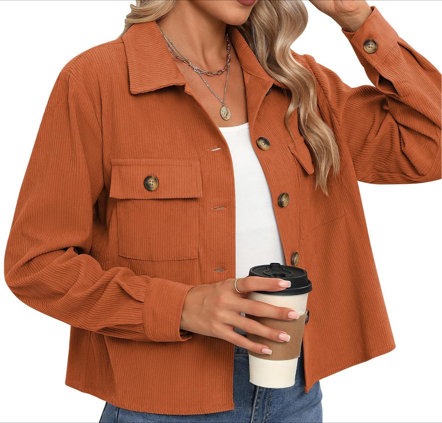 女式时尚休闲短款短衫灯芯绒纽扣露脐夹克上衣