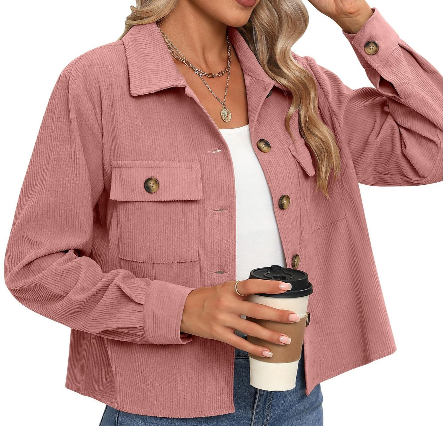 女式时尚休闲短款短衫灯芯绒纽扣露脐夹克上衣