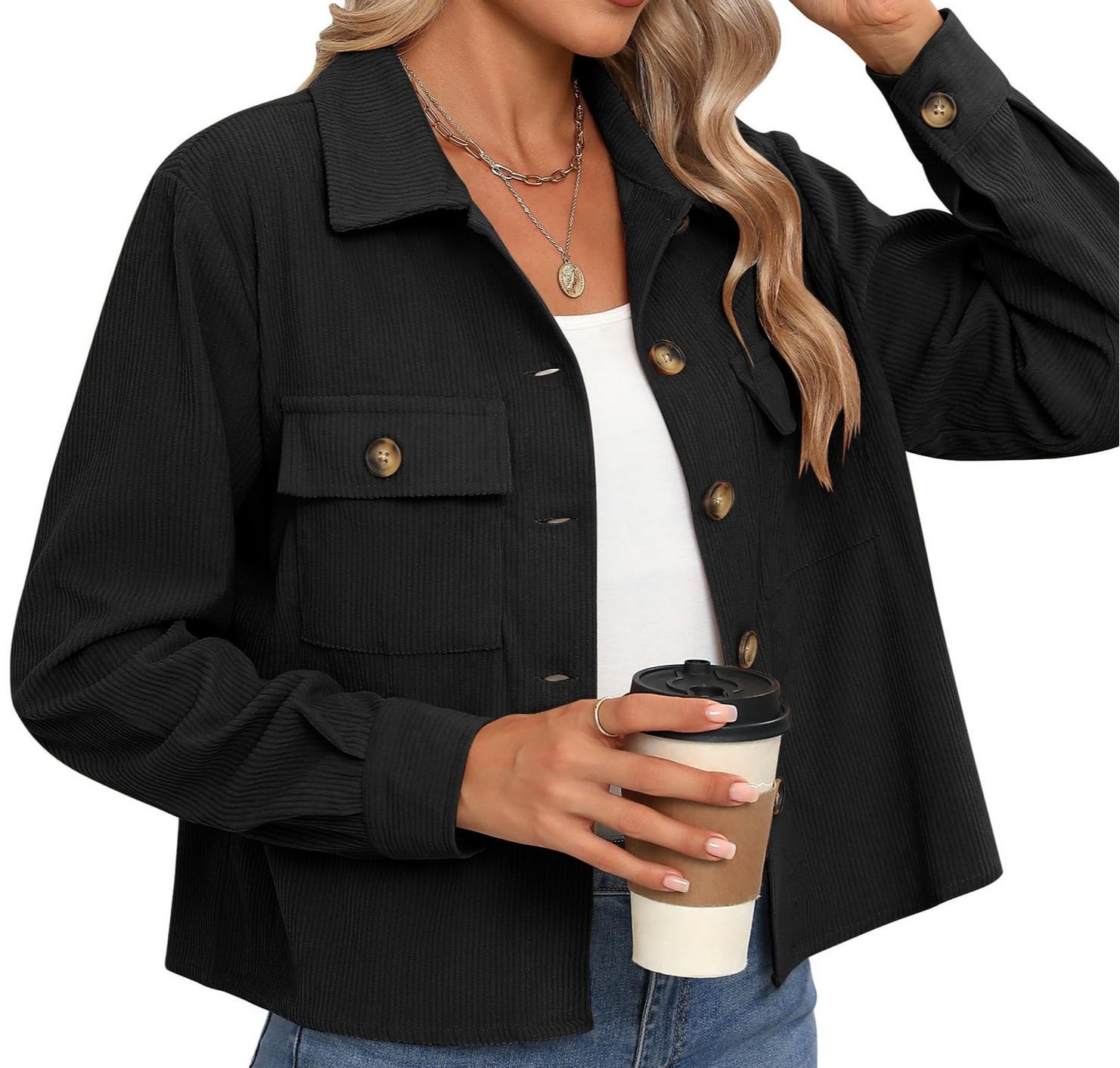 女式时尚休闲短款短衫灯芯绒纽扣露脐夹克上衣