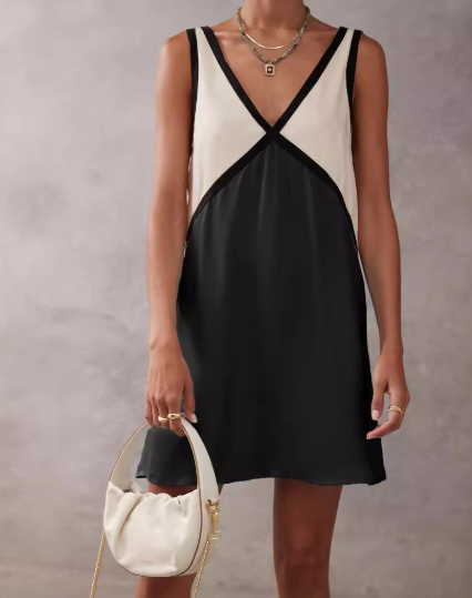 女士拼接美学缎面连衣裙夏季性感休闲宽松无袖V领色块及地连衣裙