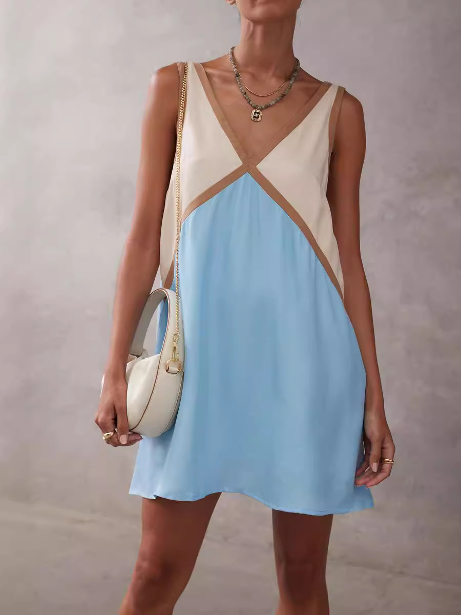 女士拼接美学缎面连衣裙夏季性感休闲宽松无袖V领色块及地连衣裙