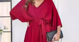 女士缎面蝙蝠翼袖鸡尾酒晚会一行长连衣裙V领褶皱宽松及地连衣裙