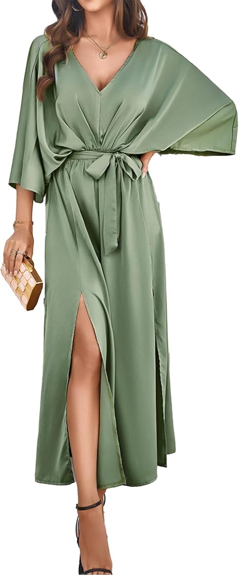 女士缎面蝙蝠翼袖鸡尾酒晚会一行长连衣裙V领褶皱宽松及地连衣裙