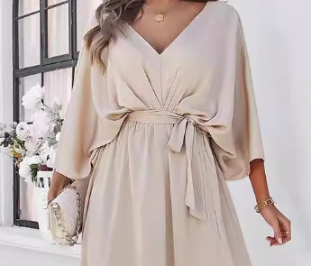 Women's Satin Batwing Sleeve Cocktail Evening A Line Long Dress V Neck Ruched Loose Maxi Dress