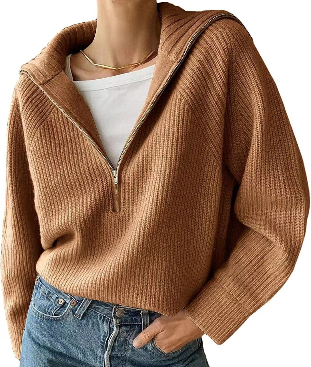 针织上衣短款外套女个性时尚潮流针织衫半拉链