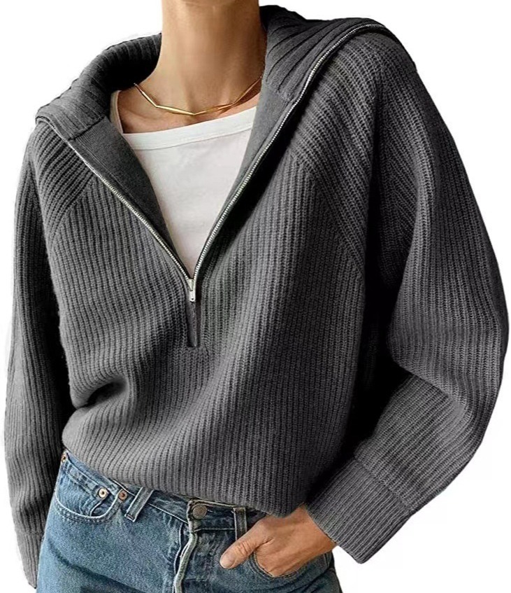 针织上衣短款外套女个性时尚潮流针织衫半拉链