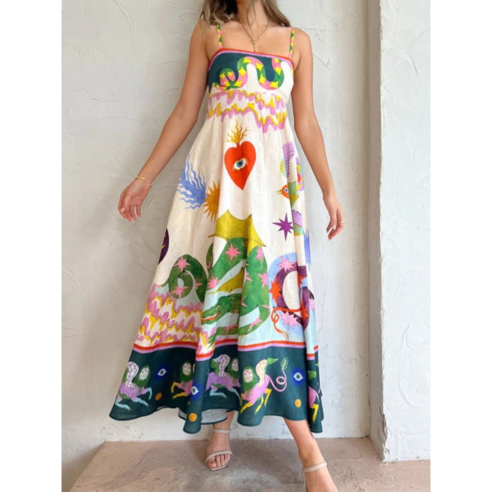Women's Summer Boho Sleeveless Spaghetti Strap Cami Long Dress Elegant High-Waist Graffiti Floral Print Dress Trendy Casual Chic A-Line Flowy Maxi Dress for Beach Vacation & Daily Wear