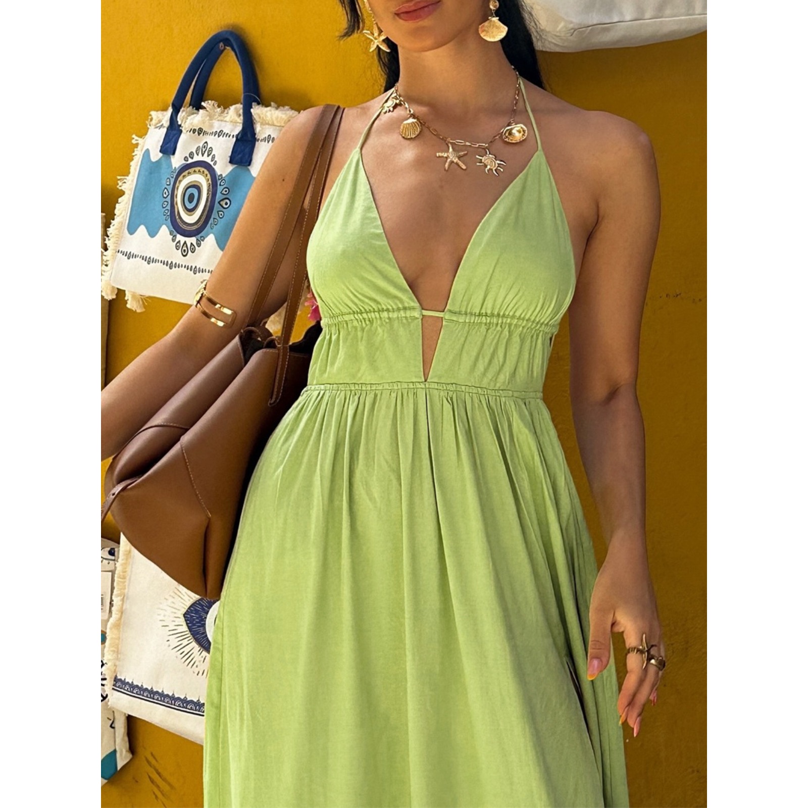 Women's Deep V Neck Halter Backless Maxi Dress Beach Vacation Dress Elegant Cutout Evening Gown Summer Resort Party Dress