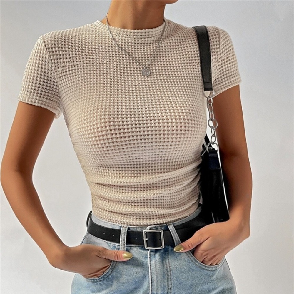 修身百搭抽褶圆领针织短袖 T恤