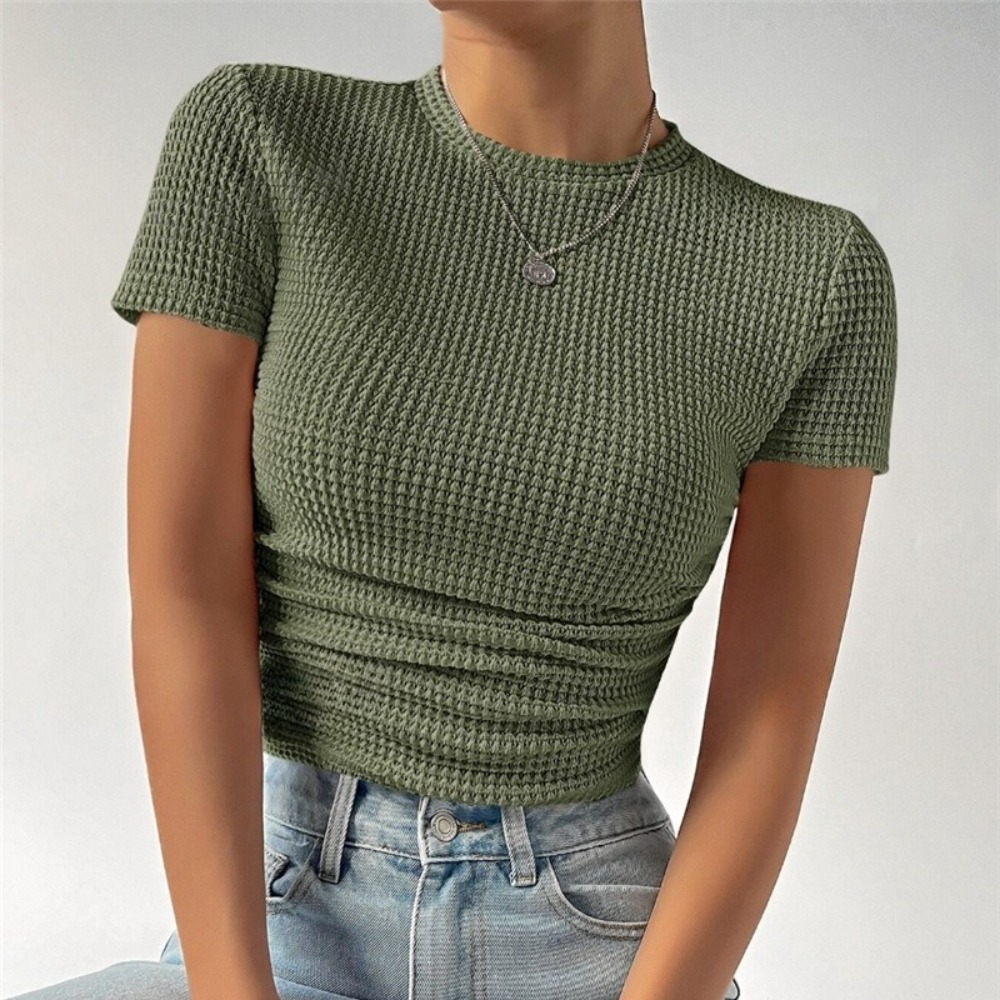 修身百搭抽褶圆领针织短袖 T恤