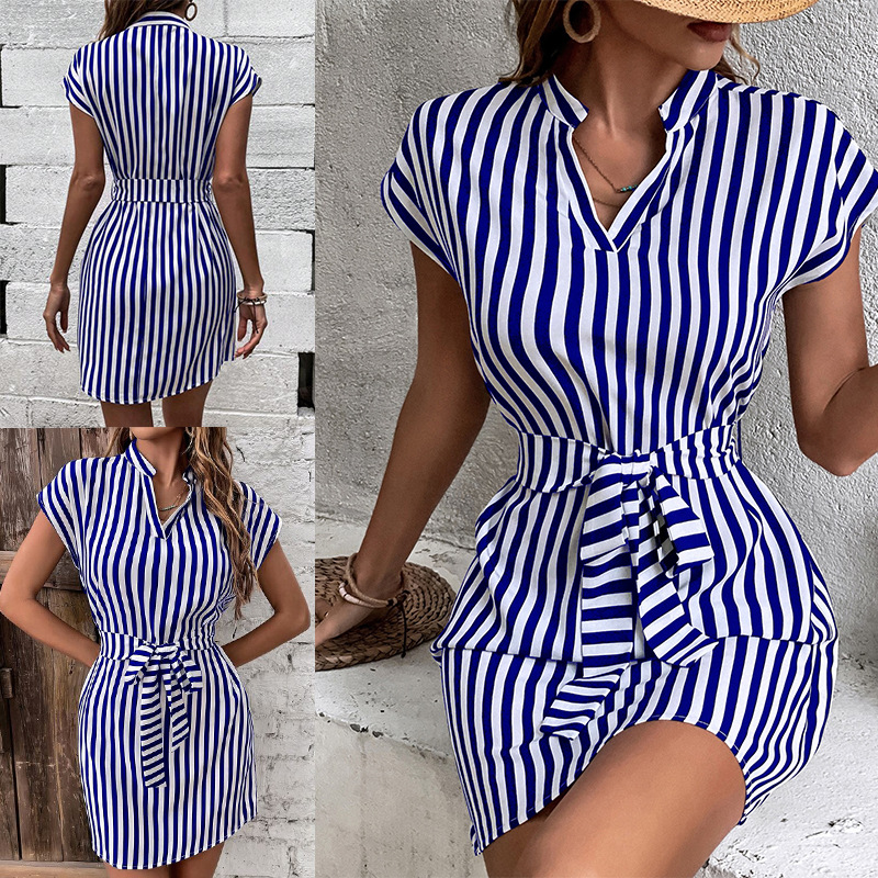 Summer Dresses for Women 2024 Striped Short Sleeve T Shirt Dress Casual Tie Waist Notch V Neck Work Dress