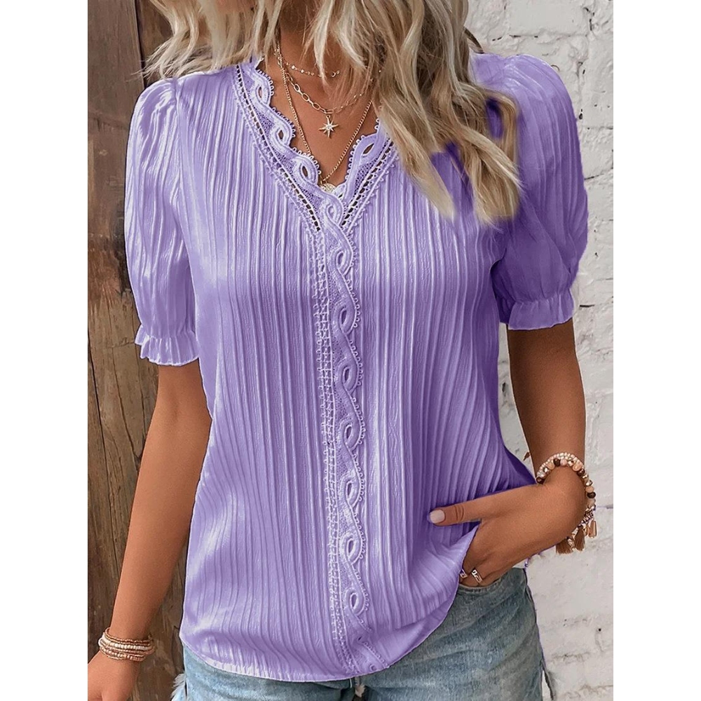 Women's Summer V Neck Short Sleeve Solid Color Lace Blouse Elegant Puff Sleeve Loose Fit Hollow Shirt Tops Lightweight Breathable Casual Vacation Shirt Trendy Blouses  