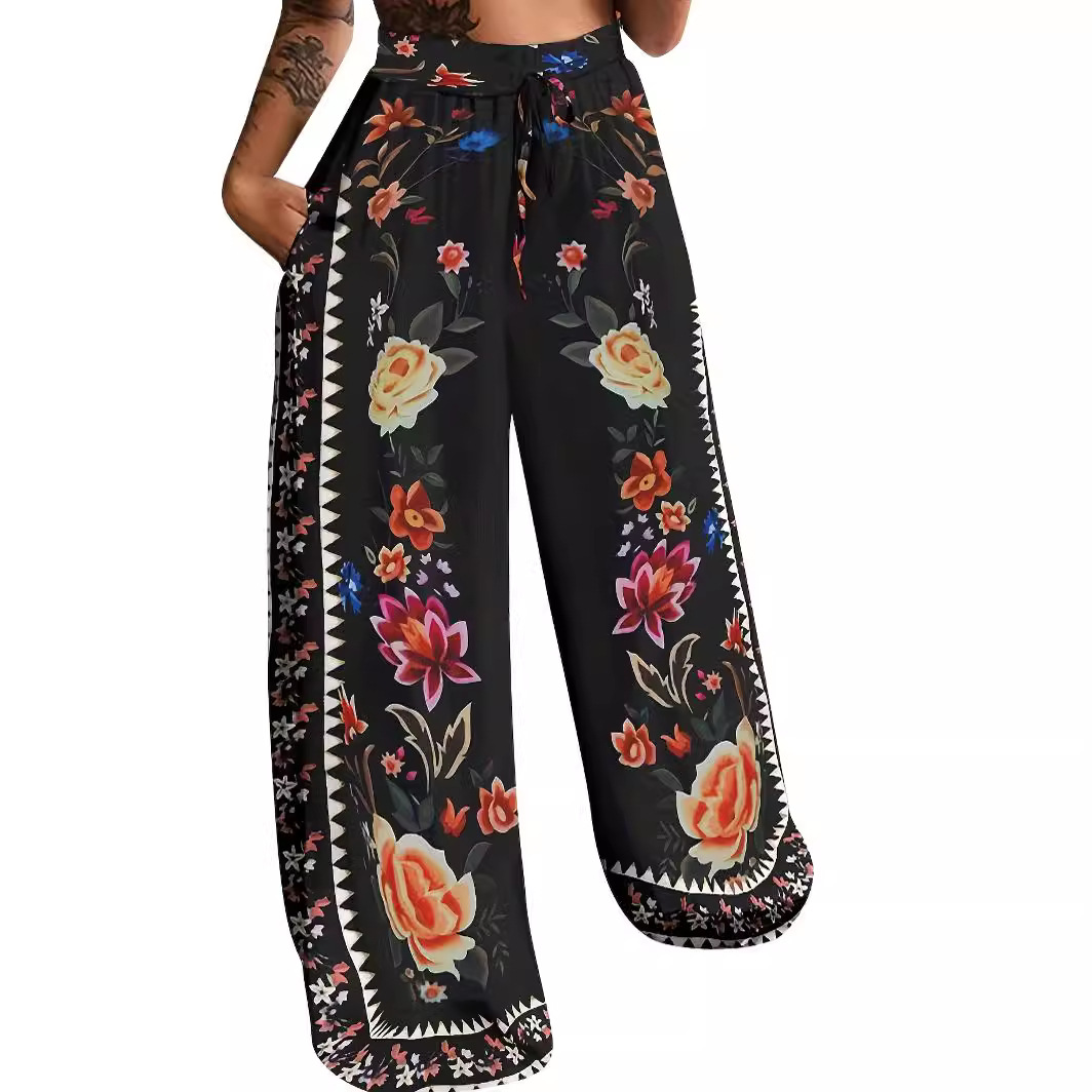 Women's Loose Straight-Leg Pants with Exotic Peacock Print - Functional Side Pockets Elastic Drawstring Waist Trendy Bohemian Fashion