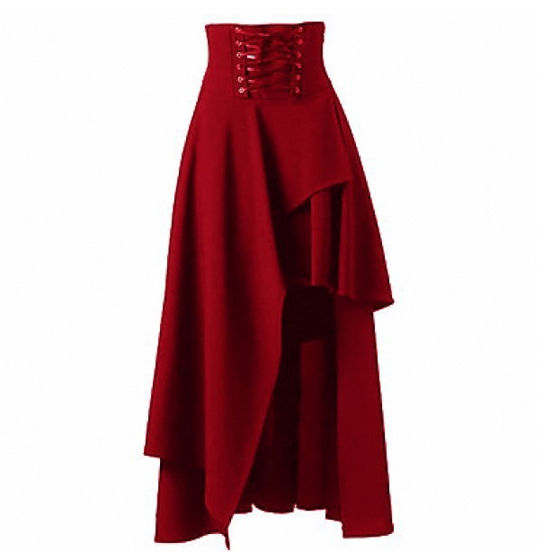 Solid Color Patchwork Asymmetric Gothic Midi Skirt - Waist Zipper with Straps Alternative Fashion Statement Piece