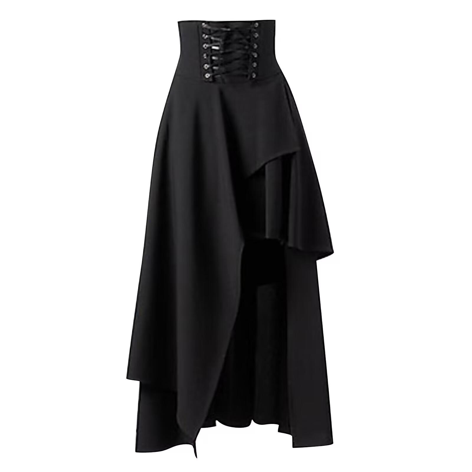 Solid Color Patchwork Asymmetric Gothic Midi Skirt - Waist Zipper with Straps Alternative Fashion Statement Piece