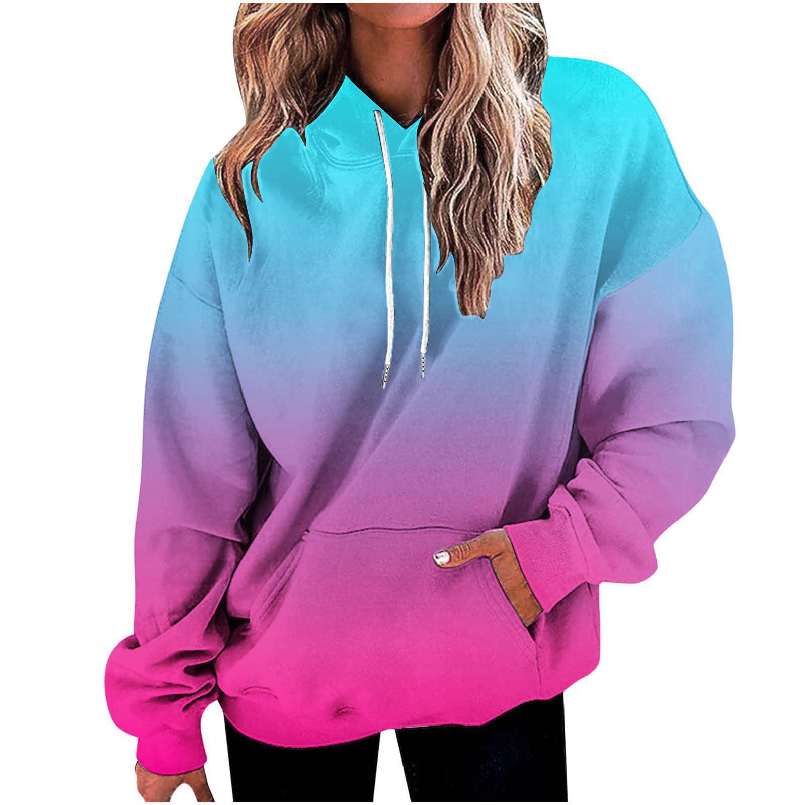 Women's Loose-Fit Hooded Gradient Tie-Dye Long-Sleeve Sweatshirt Trendy Ombre Dyeing Oversized Casual Pullover 