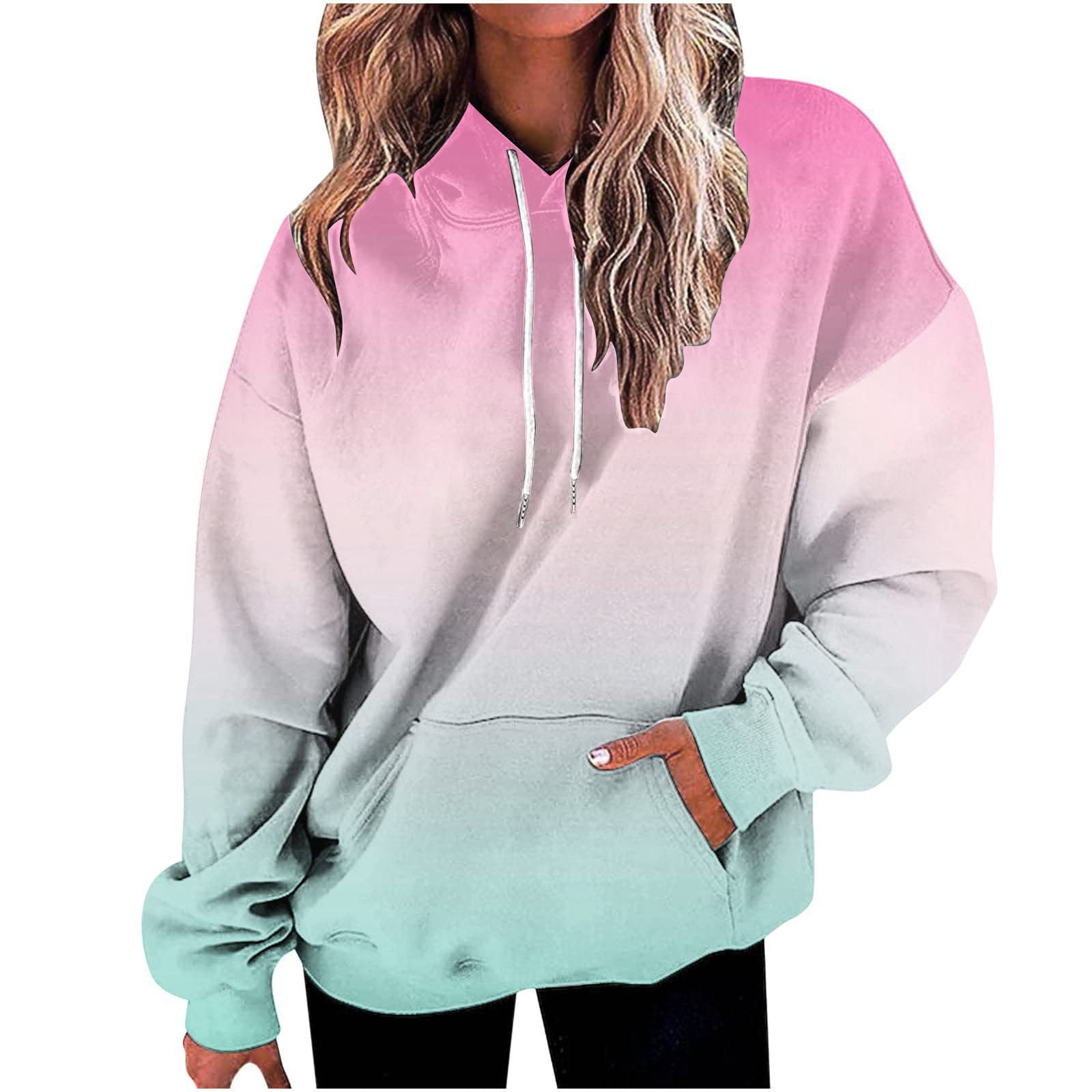 Women's Loose-Fit Hooded Gradient Tie-Dye Long-Sleeve Sweatshirt Trendy Ombre Dyeing Oversized Casual Pullover 