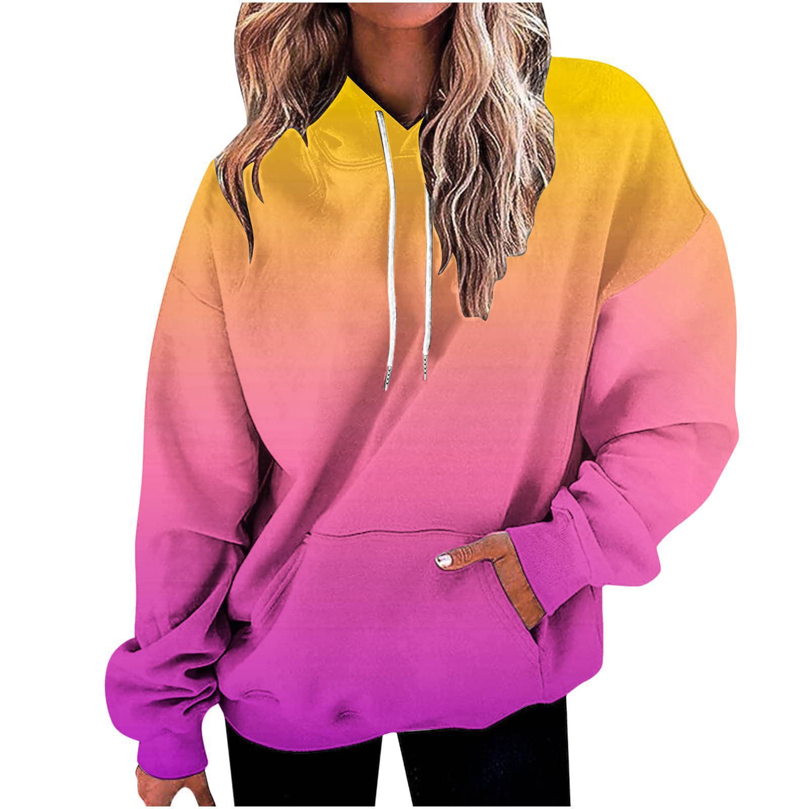 Women's Loose-Fit Hooded Gradient Tie-Dye Long-Sleeve Sweatshirt Trendy Ombre Dyeing Oversized Casual Pullover 
