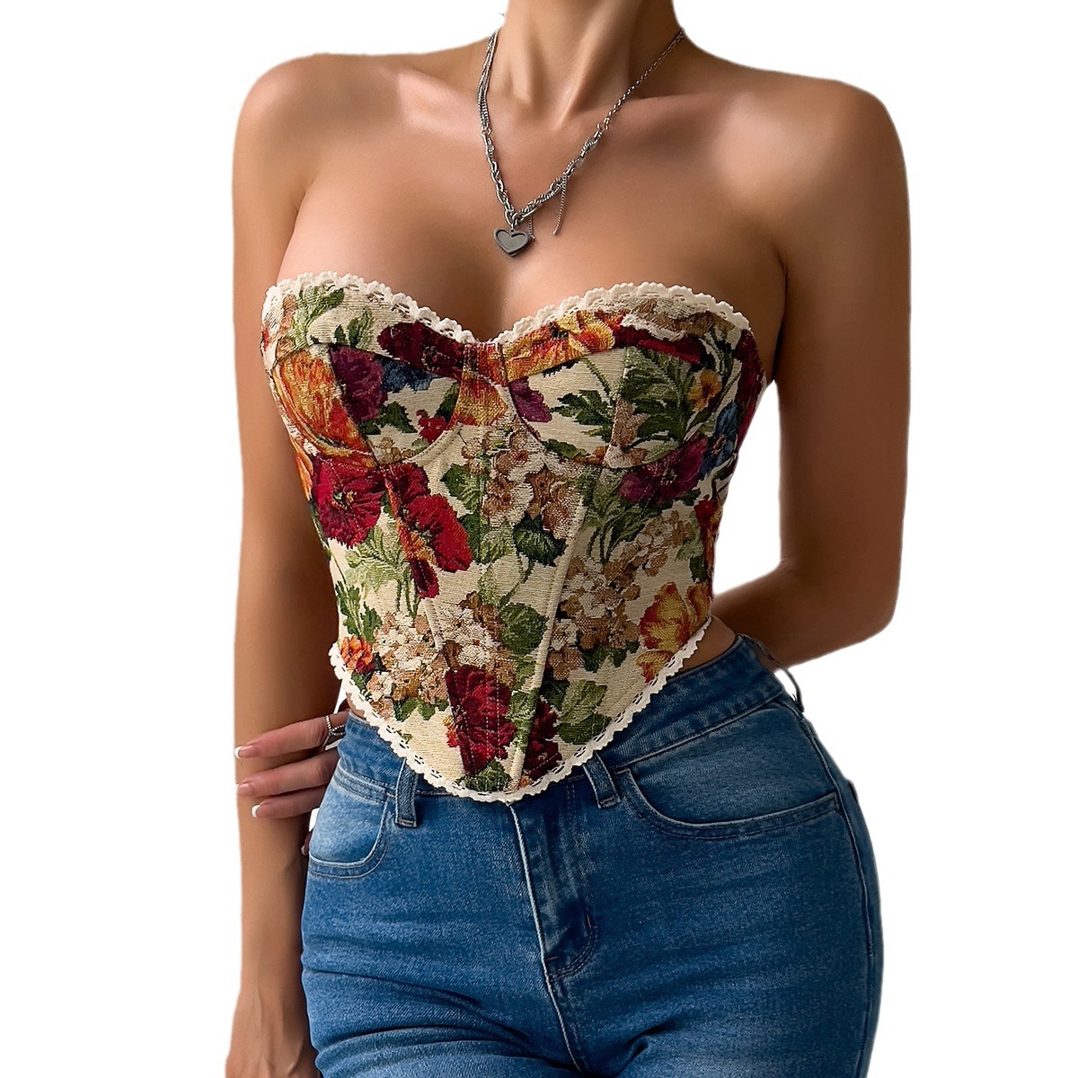 Women's Vintage Floral Strapless Bustier Top French Style Lace Trim Tube Tops Sweetheart Adjustable Ties Crop Corset Top Y2K Bohemian Going Out Bodyshape Essential
