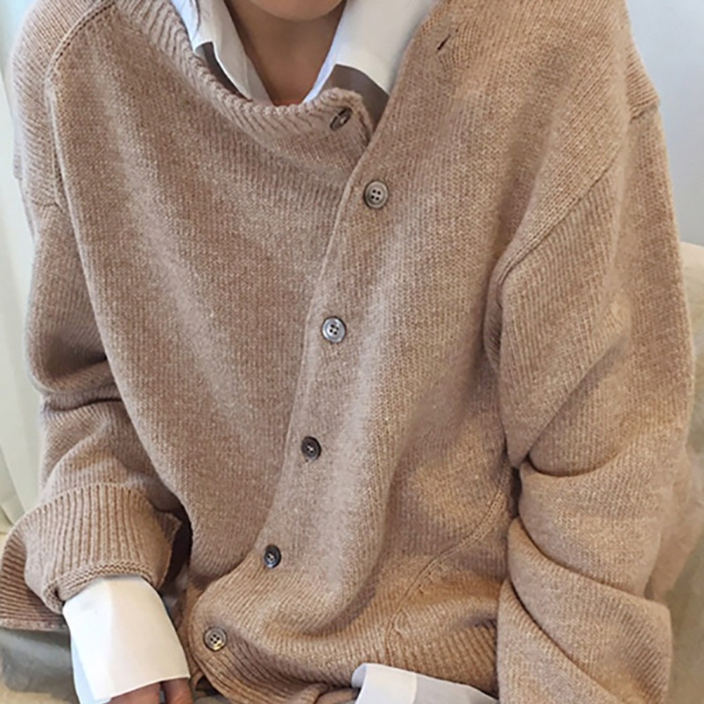 Women's Lazy-Chic Irregularly Buckled Sweater Cardigan Round Neck Knit Coat Asymmetric Design Trendy Oversized Layering Piece