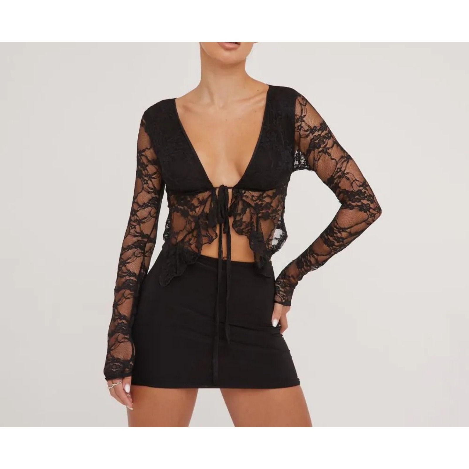 欧美跨境时尚女装上衣蕾丝V领系带荷叶边性感蕾丝衫