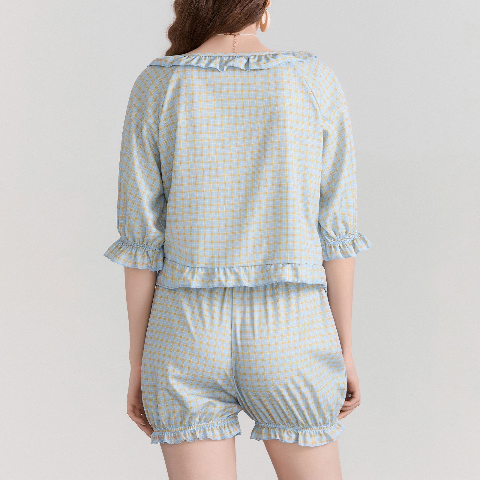 Women's Ruffled Gingham Short Set Bow Tie Trim Round Neck Casual Home & Office Outfit with Flounce Sleeve/Hem Pink/Sky Blue/Khaki/White