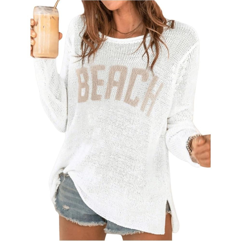 Women's Print Long Sleeve Sweater Hem Crochet Jumper Top