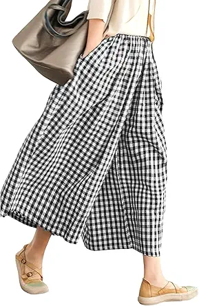 Pants Women Cotton Linen Elastic Waist Wide Leg Culottes Pant Lightweight Loose Plaid Palazzo Trouser Pockets
