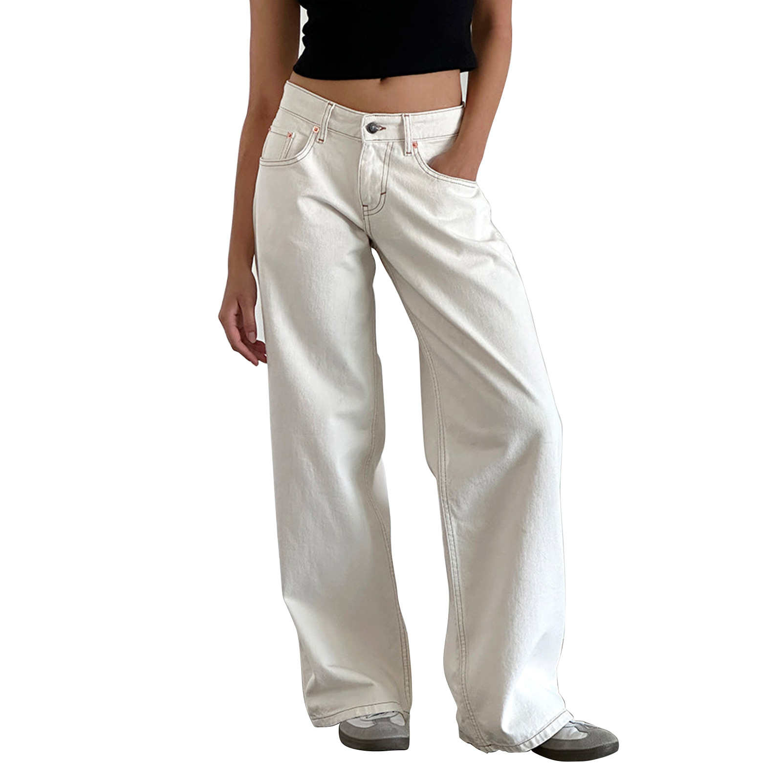 Women's Retro Low Rise Baggy Denim Jeans Washed Blue Straight Wide Leg Boyfriend Trendy Jeans Y2K Casual Loose Street Style Sweatpants Jeans with Pocket