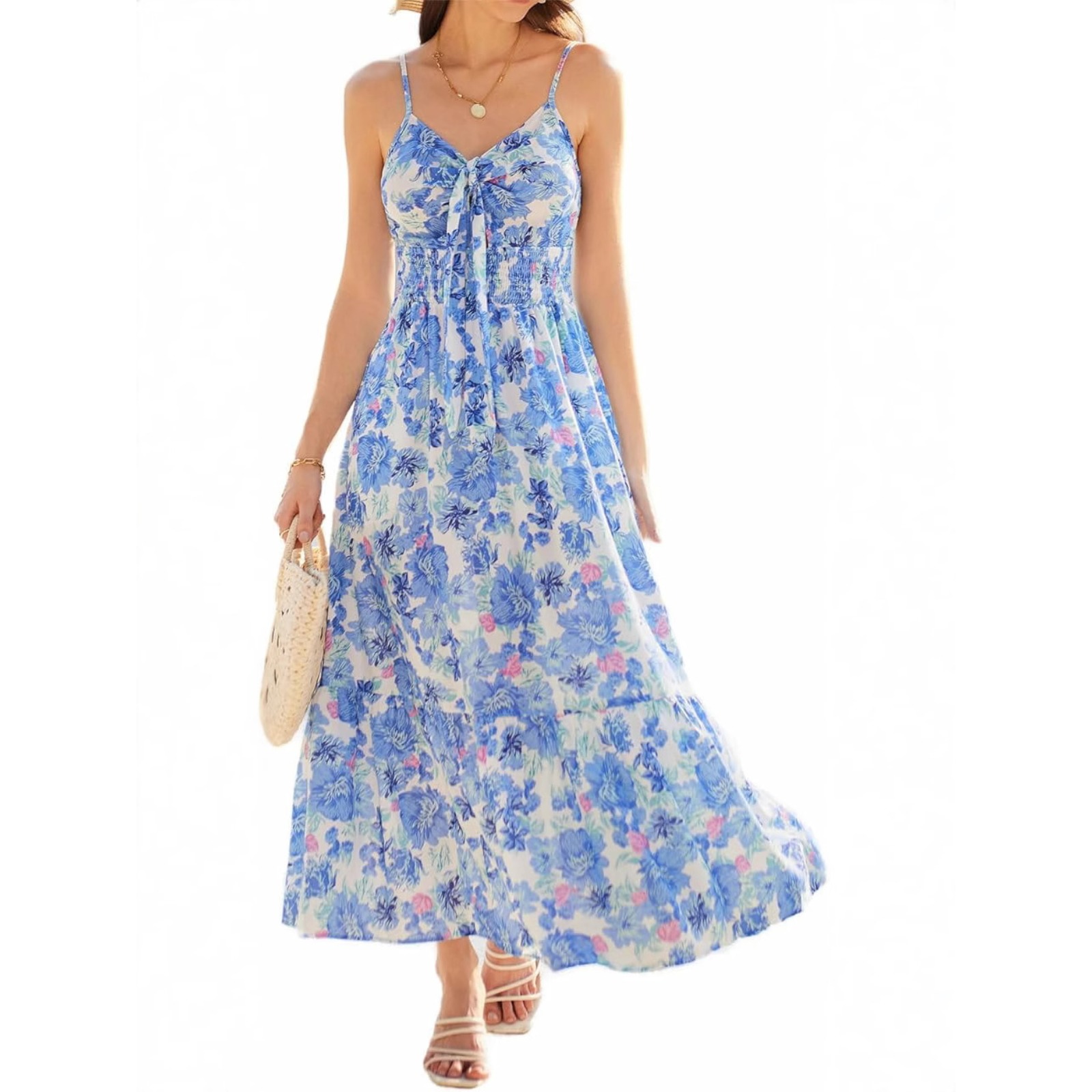 Women's Blue Floral Maxi Dress Adjustable Tie Front Ruffle Hem Beach Sundress with Pockets Lightweight Polyester Viscose Boho Dress