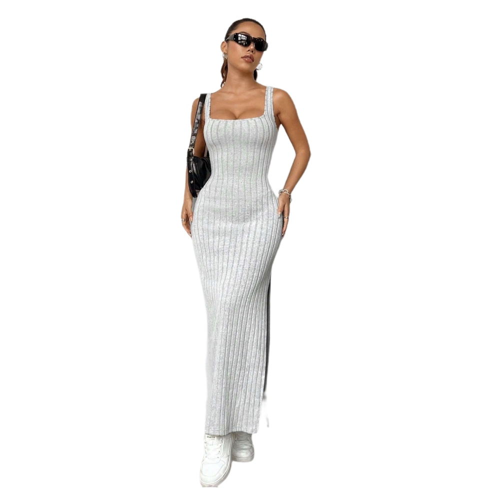 2024年春夏季新款亚马逊欧美纯色坑条磨毛吊带休闲风连衣长裙女款