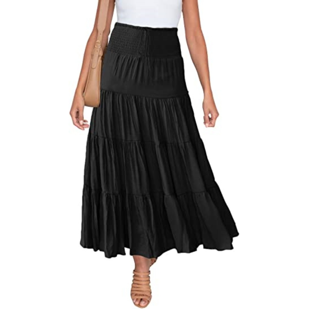 Women's Summer Stretch High Waist Boho Maxi Skirt Drawstring A-Line Lightweight Flowy Pleated Tiered Trendy Long Skirts Ruffle Swing Beach to Street Comfort Skirt