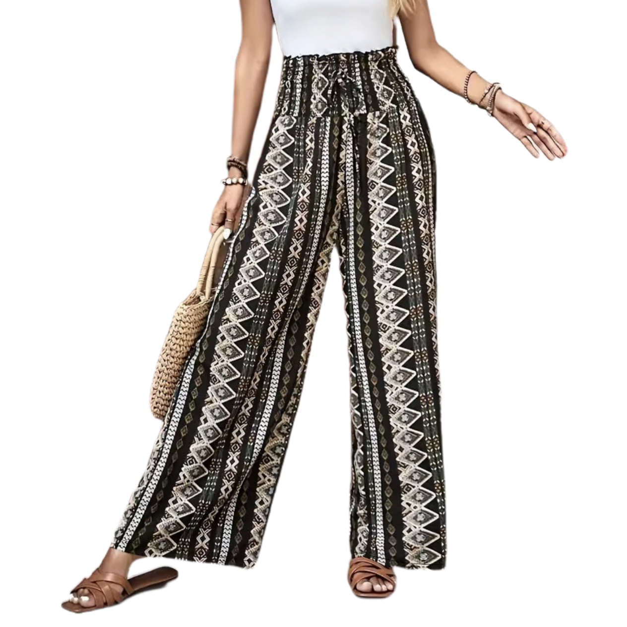 Women's Summer Boho Wide Leg Pants Palazzo Lounge Pants Stretchy High Waist Lightweight Comfy Flowy Pants Casual Loose Daily Beach Vacation Pants      