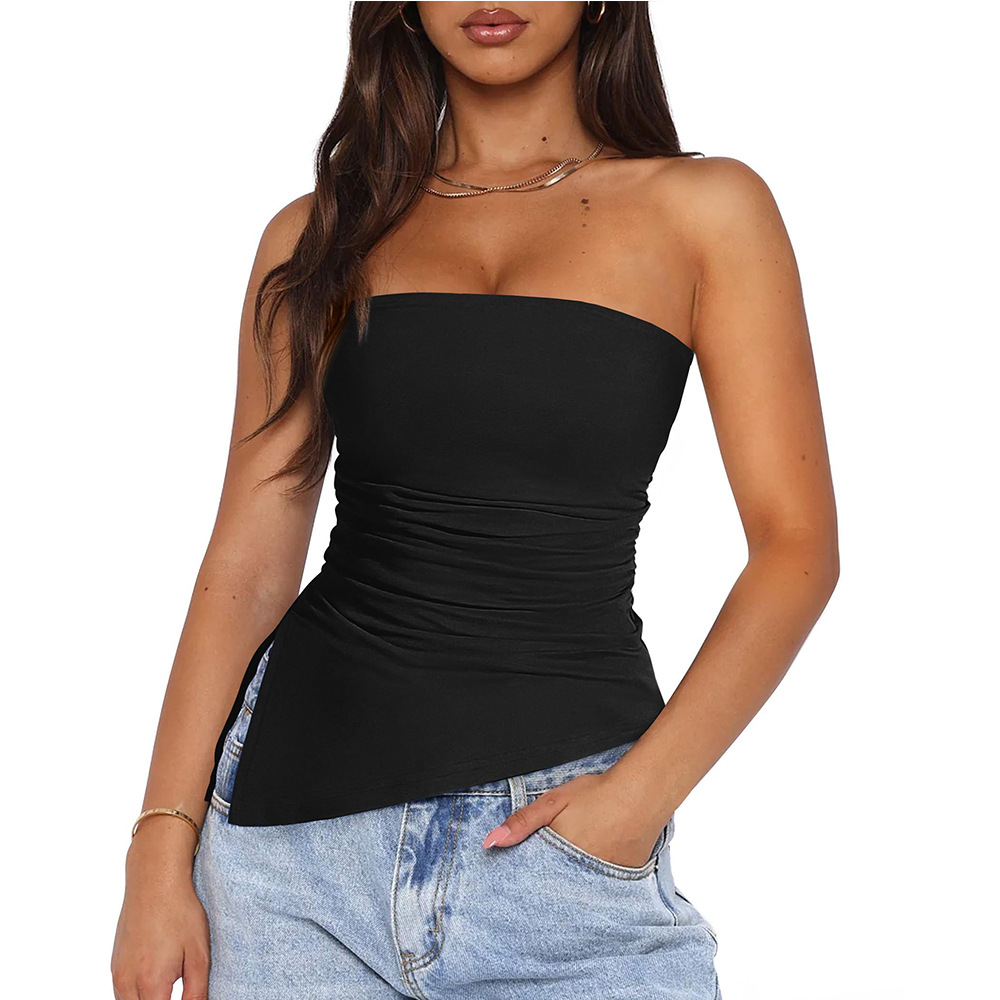 Womens Summer Going Out Tube Tops Trendy Strapless  Ruched Asymmetrical Slit Hem Backless Corset Cute Teen Girls Y2k Shirts