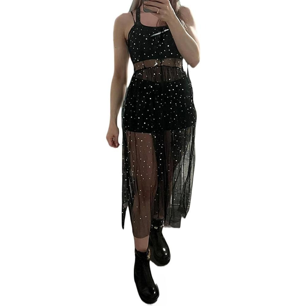Women's Tulle Sheer Mesh Sequin Swimsuit Cover Up Sparkly Flowy Festival Sexy Outfits