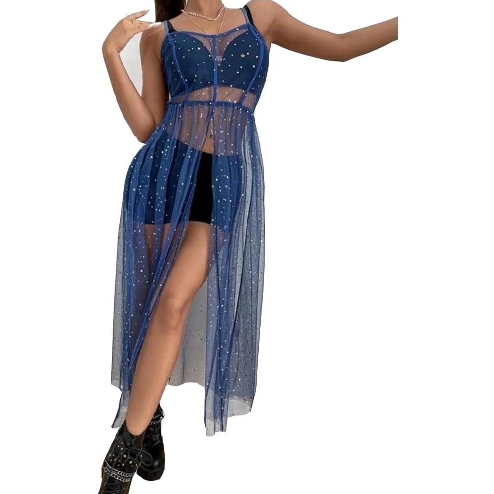 ins风街头吊带网纱比基尼罩衫连衣裙星星透视网纱性感修身连衣裙