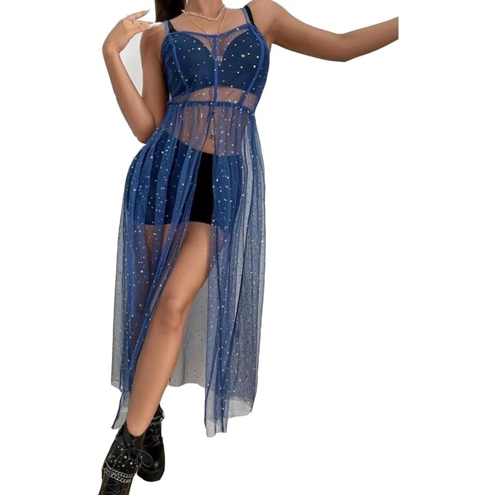 ins风街头吊带网纱比基尼罩衫连衣裙星星透视网纱性感修身连衣裙