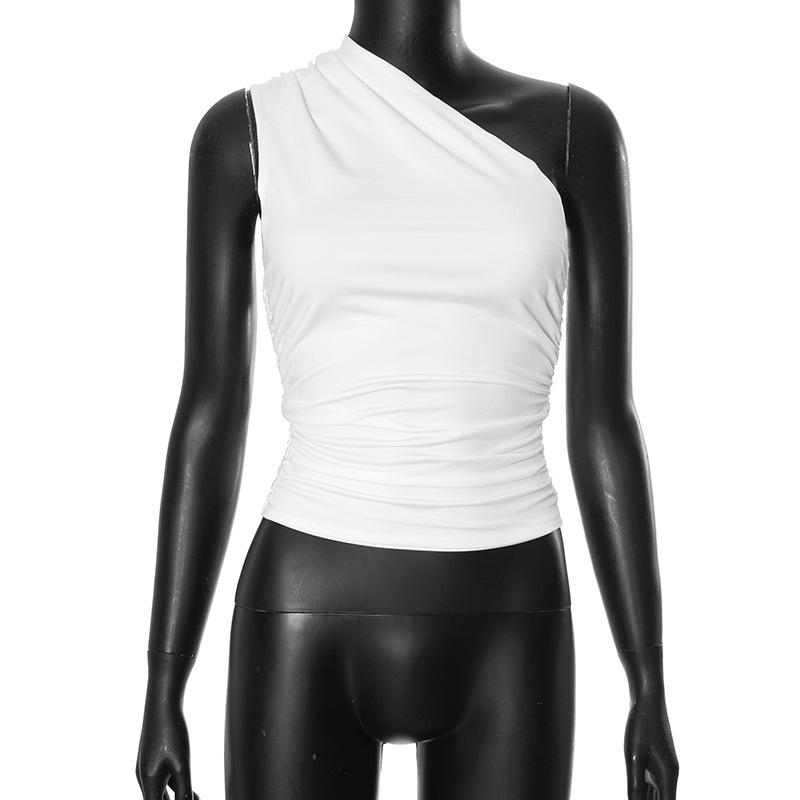 欧美女装冬季亚马逊新款纯色单肩露背缩褶背心上衣T恤女